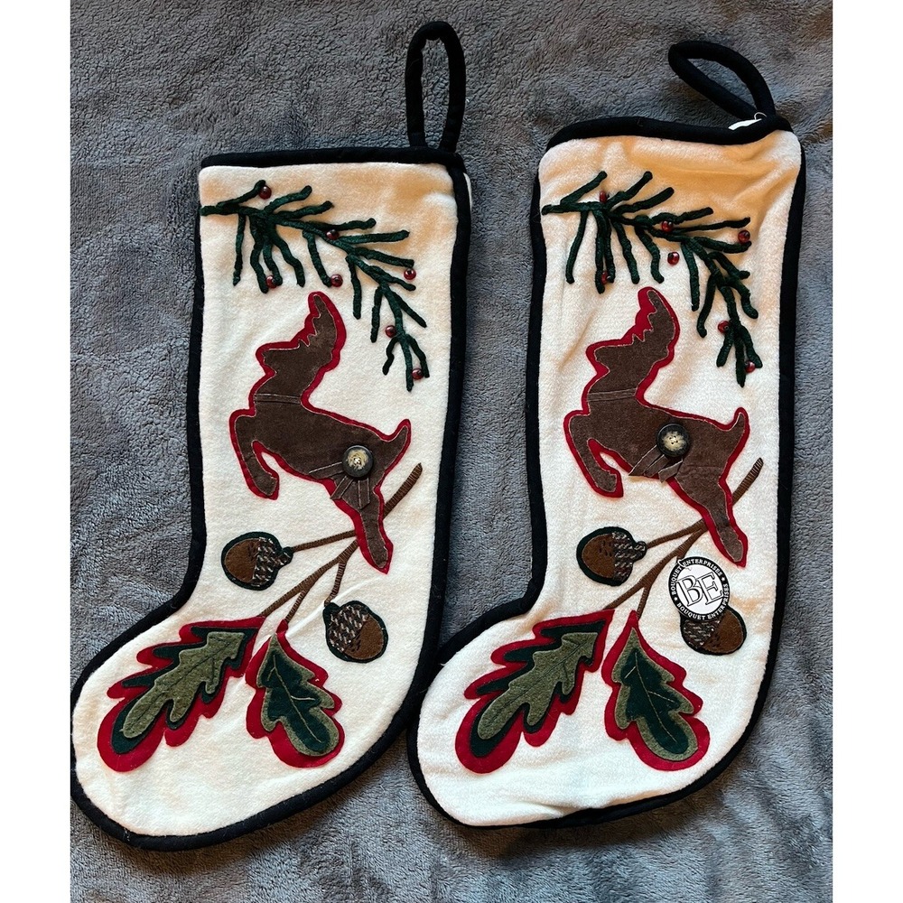 Bouquet Enterprises Santa's Reindeer Applique Large Christmas Stocking Cream